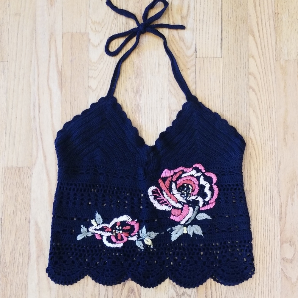 Xhilaration crochet/embroidered halter top